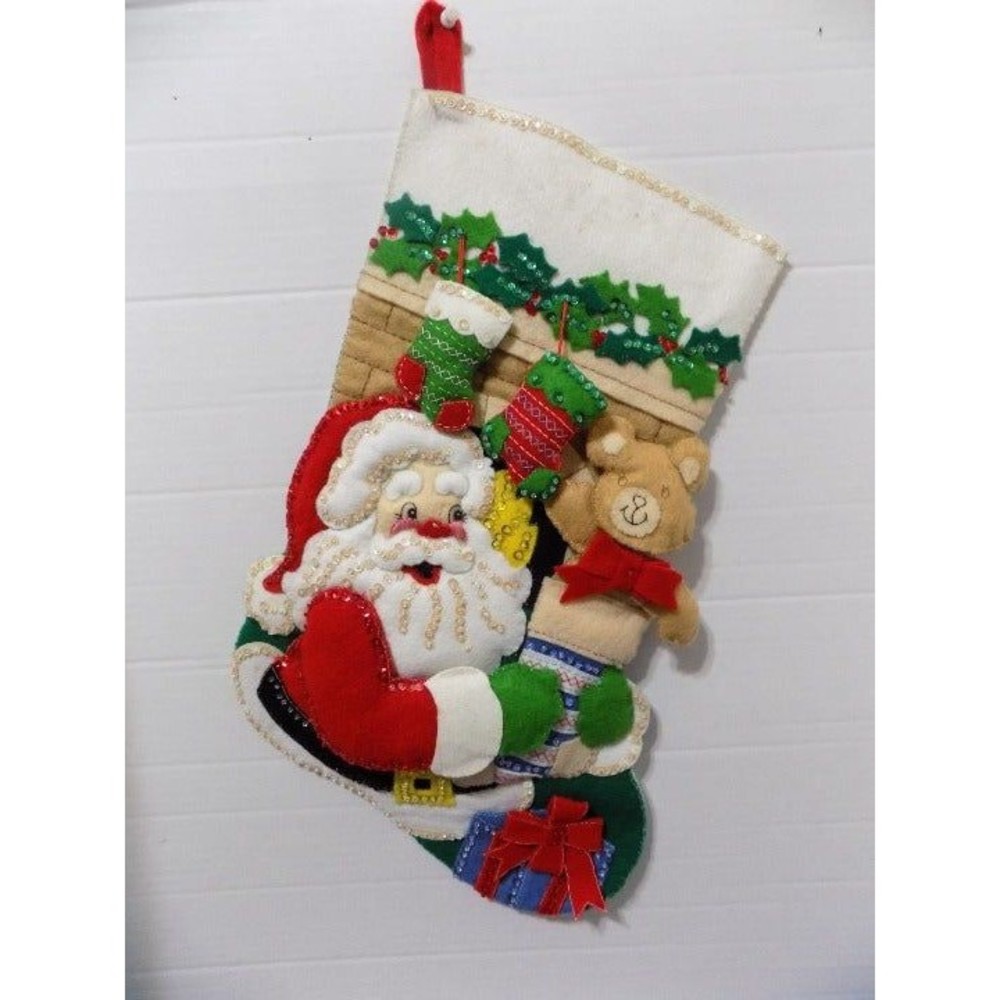 Vintage 1970 Christmas Santa Claus Bear Stockings Hand Made Beaded Sequins